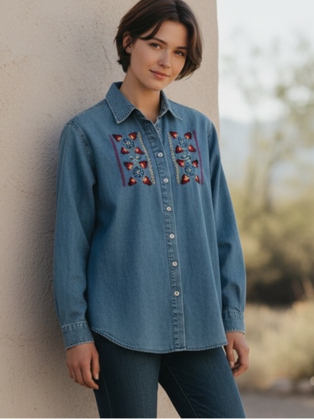 Vintage 90’s Y2K Embroidered Cotton Denim shirt button down boho floral PM